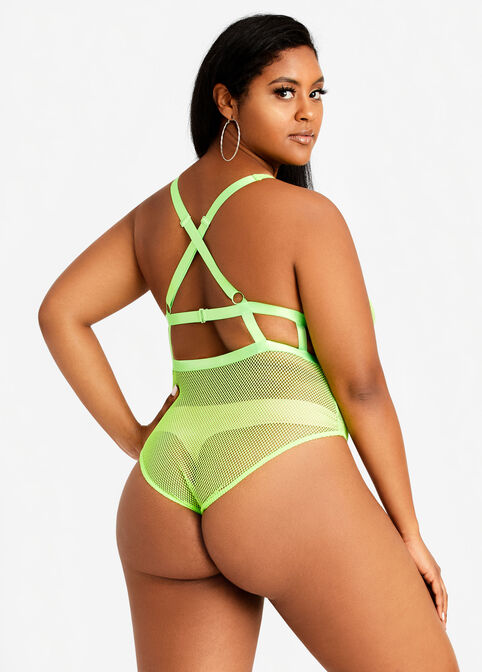 Neon Mesh Cutout Thong Bodysuit, Green image number 1