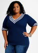 Plus Size Varsity Colorblock Stripe V Neck Elbow Sleeve Sweater image number 0