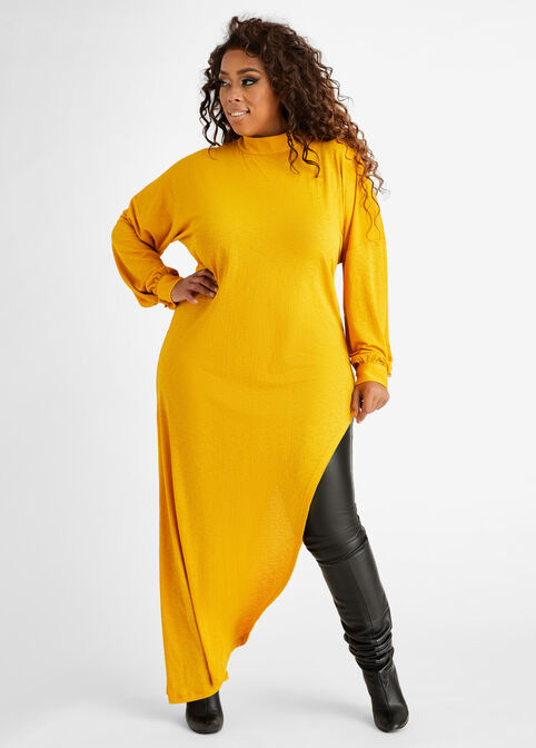 Plus Size Puff Sleeve Mock Neck Asymmetric Sheer Maxi Duster Top image number 0