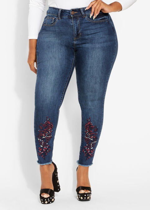 Embroidered Ankle Skinny Jean, Dk Rinse image number 0