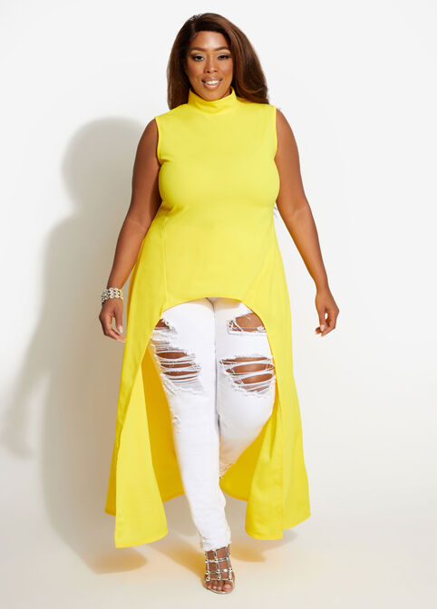 Mock Neck Hi Low Duster, Cyber Yellow image number 0