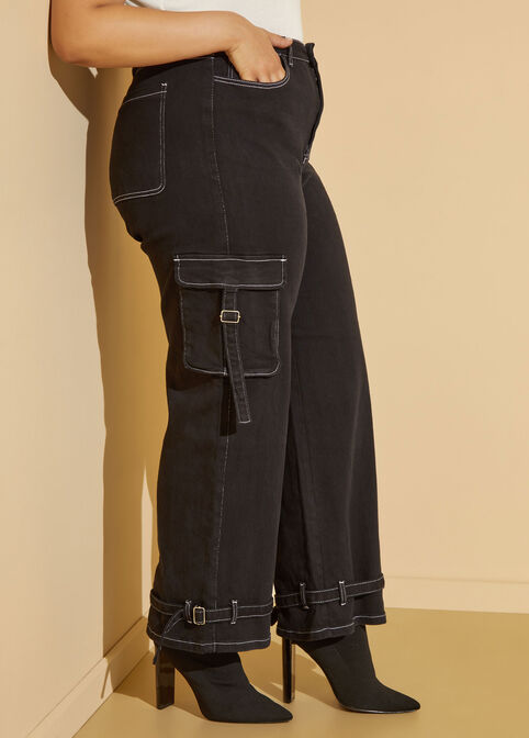 Strap Detailed Cargo Jeans, Black White image number 3