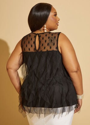 Dotted Mesh Ruffled Top, Black image number 1