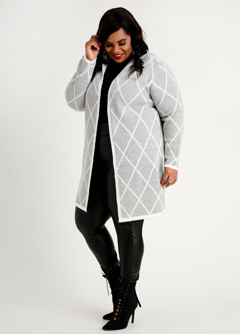 Plaid Hooded Open Front Cardigan, Grey image number 0
