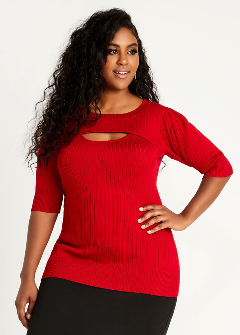Ribbed Cutout Elbow Sleeve Sweater, Jester Red image number 0