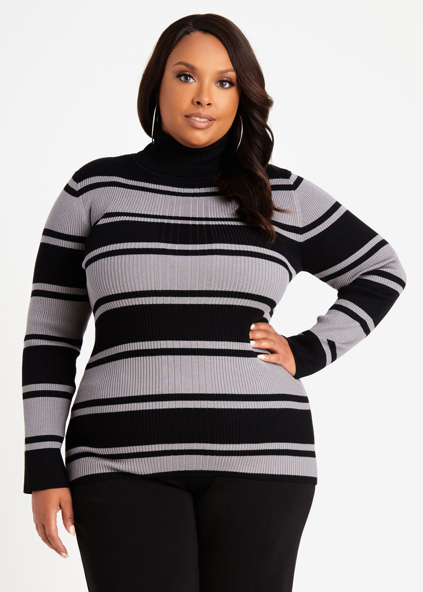 Plus Size Classic Stripe Stretch Ribbed Knit Fitted Turtleneck Sweater