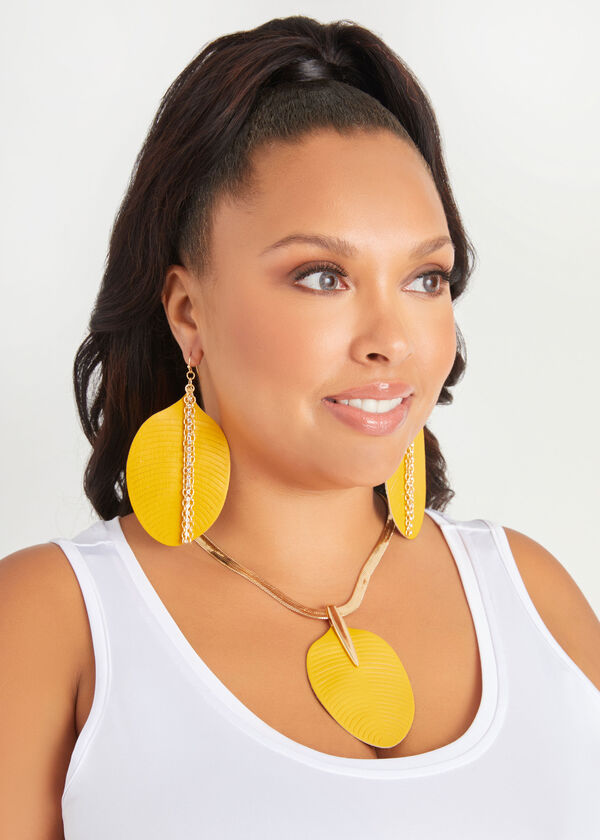 Chain & Faux Leather Leaf Earrings, Nugget Gold image number 1