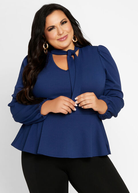 Plus Size Abstract Tie Neck Puff Sleeve Cutout Mock Neck Peplum Top image number 0