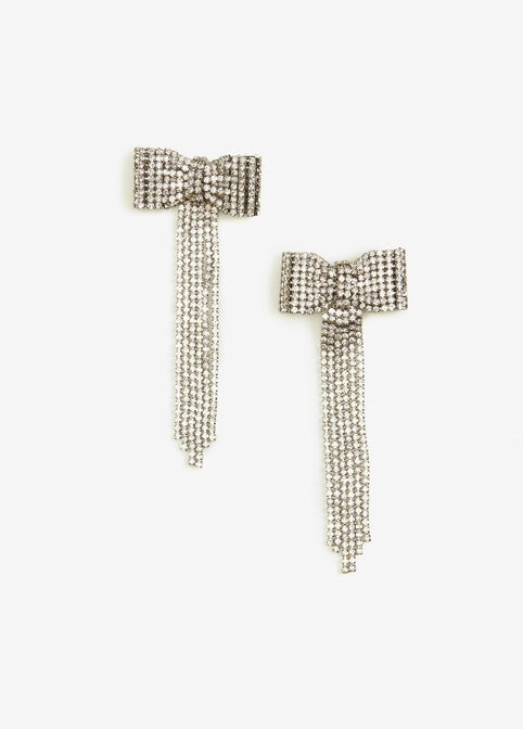 Crystal Embellished Bow Earrings, Silver image number 1