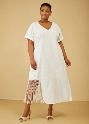 Fringed Linen Blend Maxi Dress, White image number 0