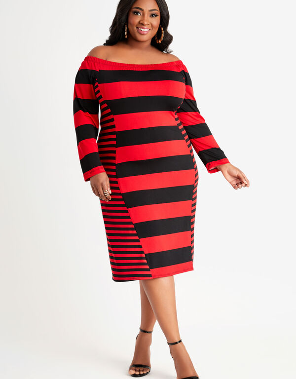 Mixed Stripe Illusion Midi Dress, Tango Red image number 0