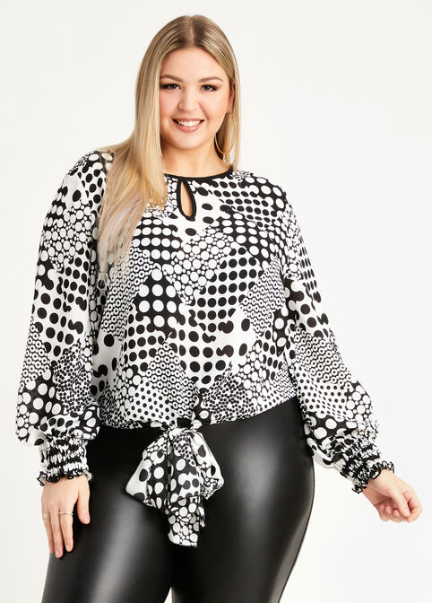 Dot Tie Front Button Up Blouse, Black White image number 0