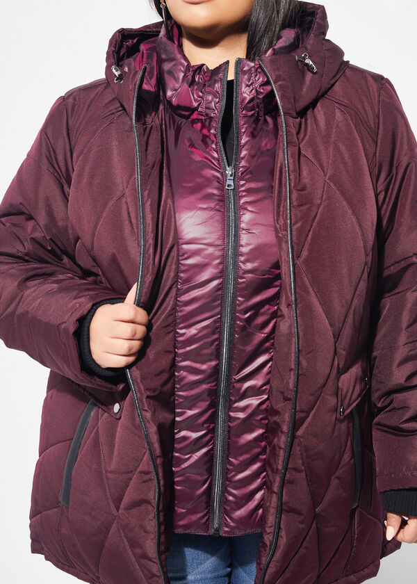 Quilted Hooded Puffer Coat, Mauve image number 2