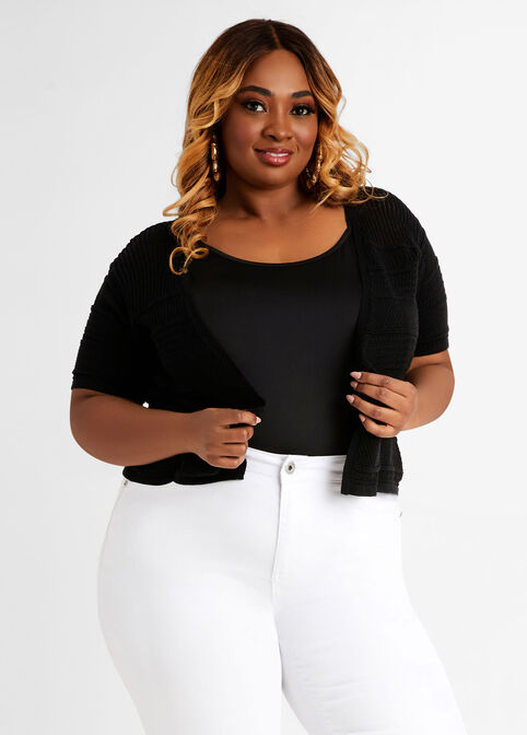 Plus Size Pointelle Knit Crop Short Sleeve Open Front Chic Cardigan image number 0