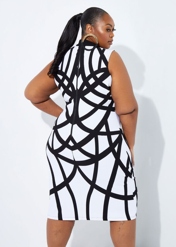 Abstract Print Bodycon Dress, White Black image number 1
