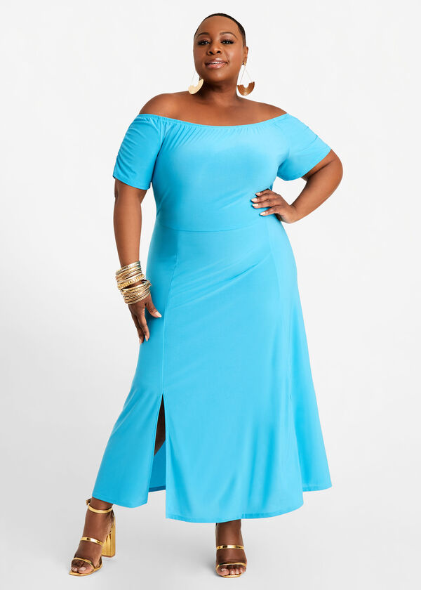 Plus Size Knit Off The Shoulder Front Slit Sexy Maxi Summer Dress