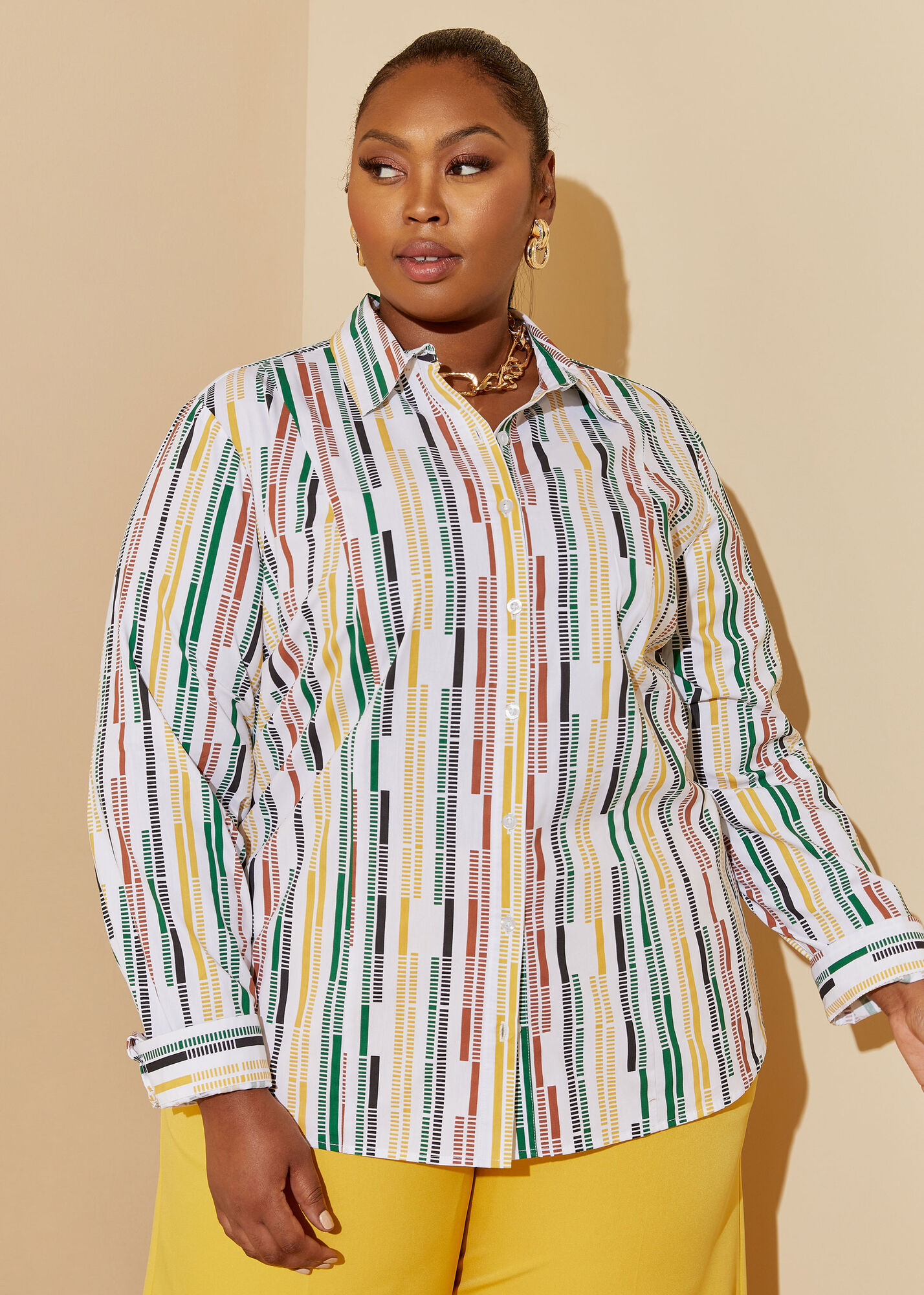 Size striped cotton collared shirt plus size work tops