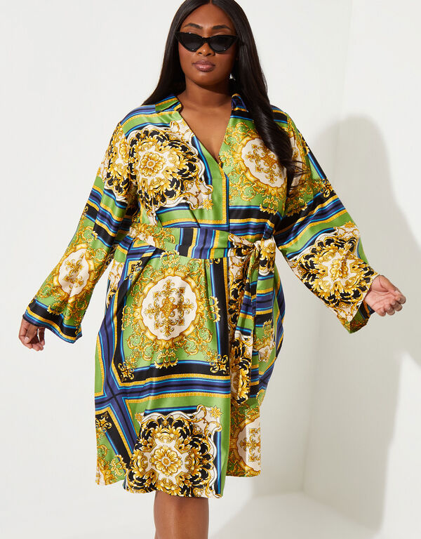 Scarf Print Satin Faux Wrap Dress, Green image number 0