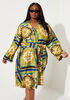 Scarf Print Satin Faux Wrap Dress, Green image number 0