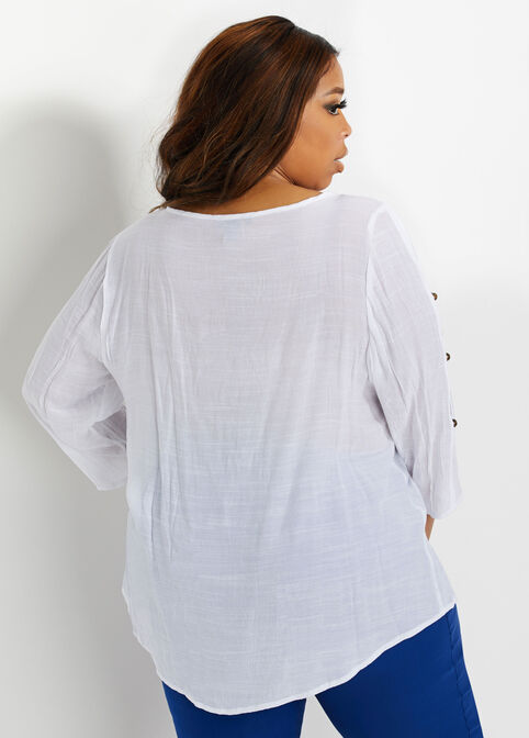 Ring Cutout Open Sleeve Gauze Top, White image number 1