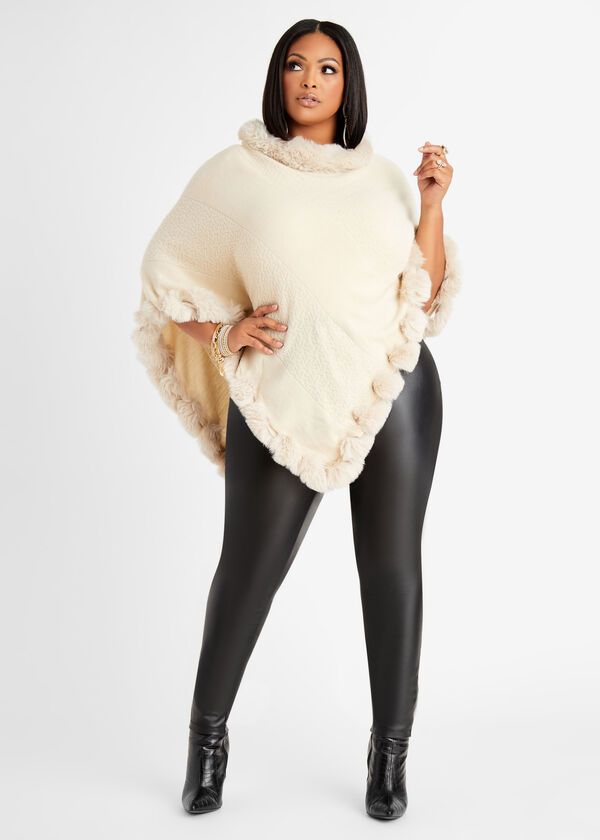 Faux Fur Trim Poncho, Camel Taupe image number 0