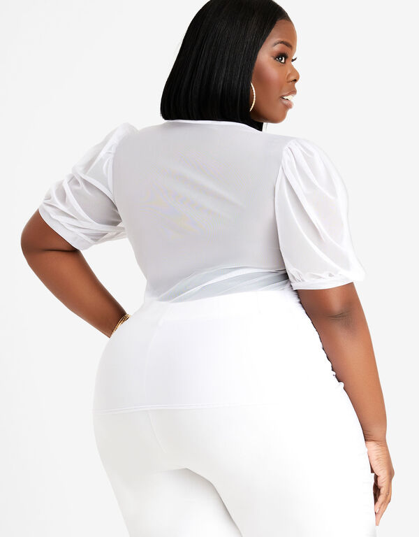 Ruched Cutout Mesh Top, White image number 1