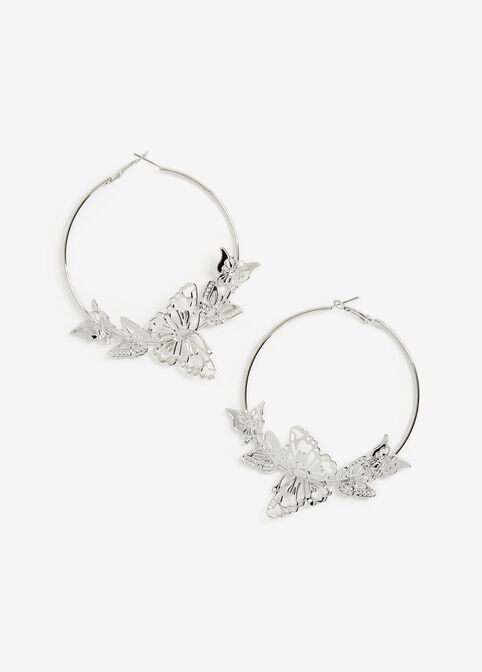 Silver Butterfly Filigree Hoops, Silver image number 0