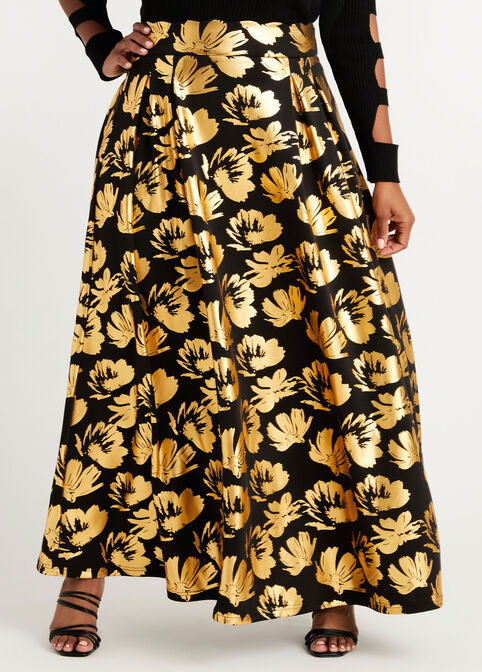Gold Foil Floral Scuba Midi Skirt, Gold image number 0