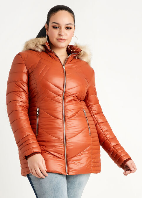 Quilted Faux Fur Trim Hooded Coat, Rust image number 2
