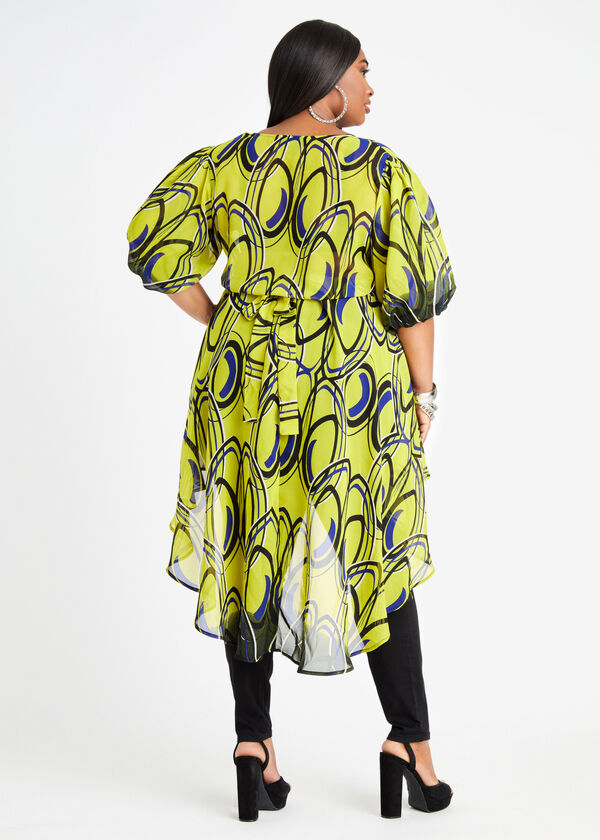 Abstract Puff Sleeve Hi Lo Blouse, Bright Chartreuse image number 1