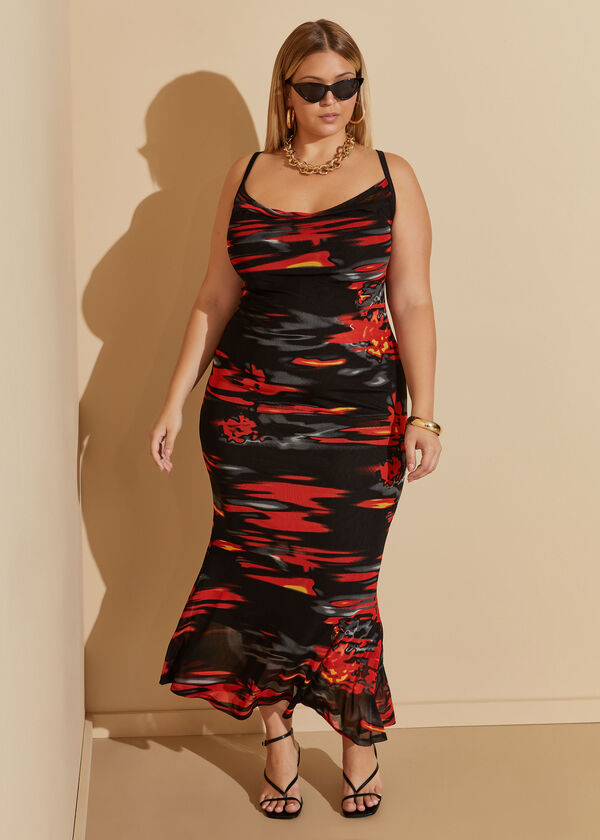 Printed Mesh Maxi Dress, Multi image number 0