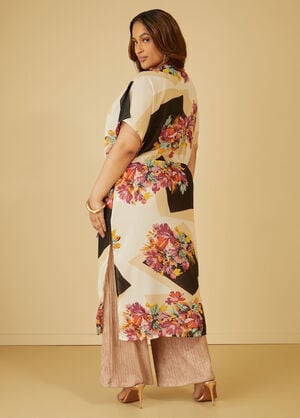Tie Front Floral Chiffon Kimono, Black image number 1