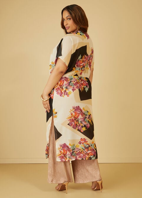Tie Front Floral Chiffon Kimono, Black image number 1