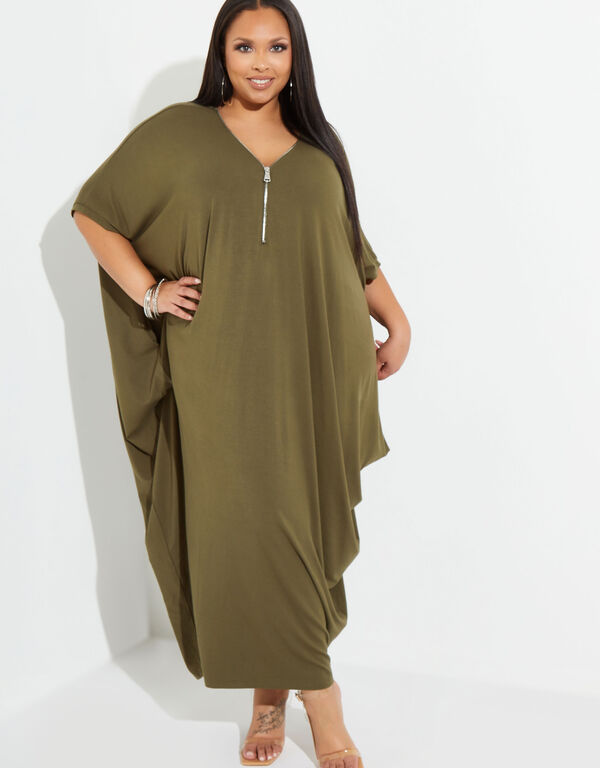 Zip Detailed Cocoon Maxi Dress, Olive Night image number 0