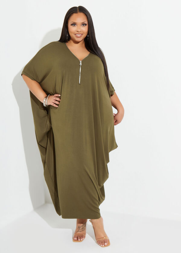 Zip Detailed Cocoon Maxi Dress, Olive Night image number 0