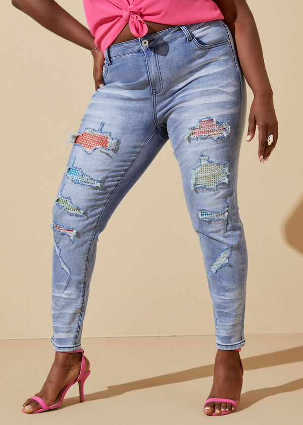 Distressed Crystal Skinny Jeans, Medium Blue image number 2