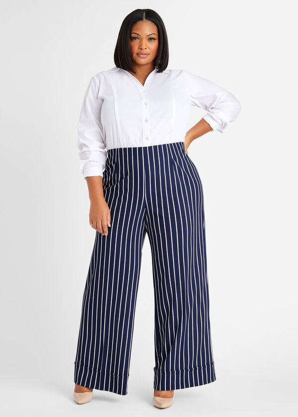 Stripe Cuffed Wide Leg Pants, Navy image number 2