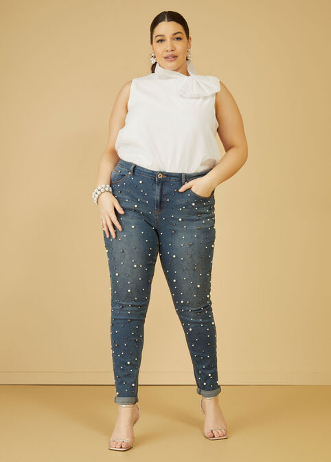 Faux Pearl High Rise Skinny Jeans, Dk Rinse image number 3