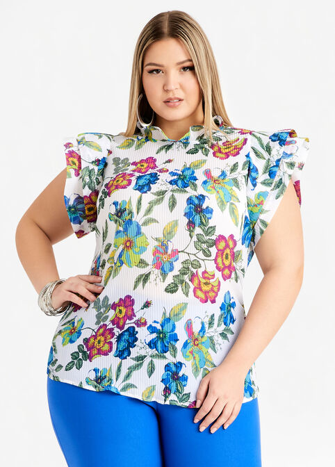 Floral Plisse Tiered Sleeve Top, White image number 0