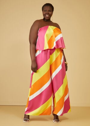 Strapless Striped Satin Jumpsuit, Pink Peacock image number 0