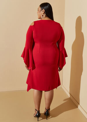 Cold Shoulder Draped Sheath Dress, Red image number 1