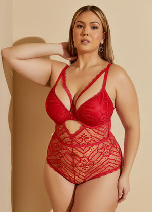 Lace Crotchless Lingerie Bodysuit, Red image number 0