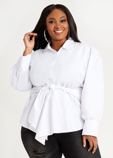 Belted Cotton Button Up Top, White image number 0