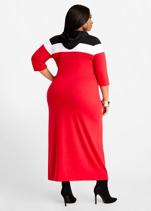 Colorblock Hoodie Maxi Dress, Red image number 1