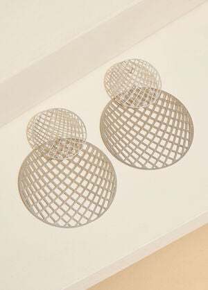 Grid Disc Silver Tone Earrings, Silver image number 1
