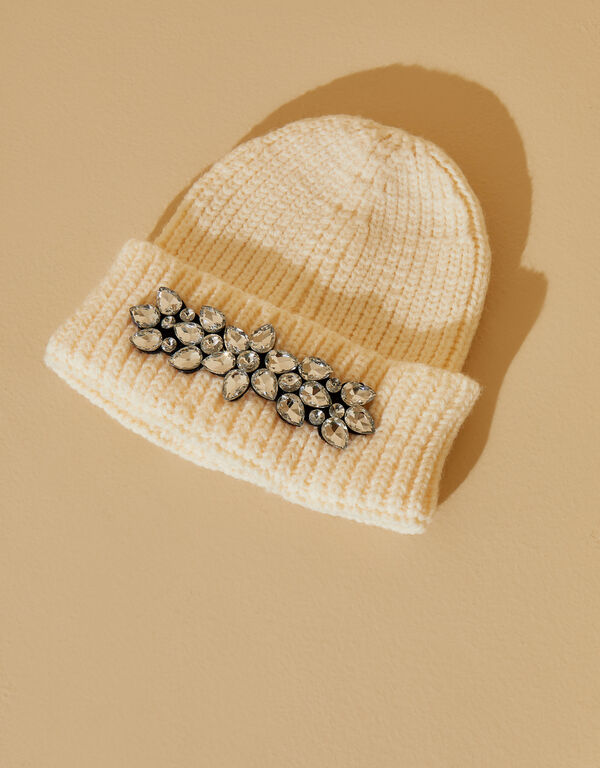 Crystal Embellished Ribbed Hat, Ivory image number 1
