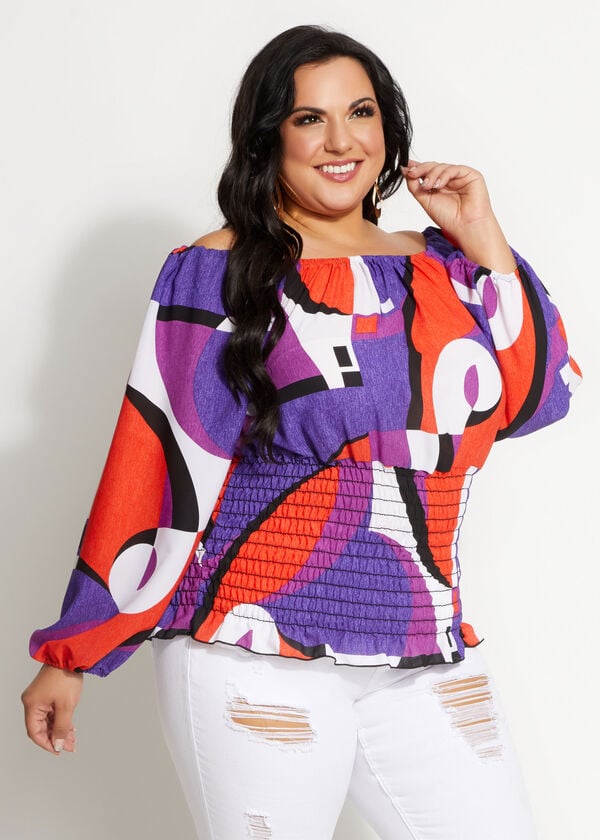 Plus Size Geo Off The Shoulder Peasant Smocked Sexy Summer Tops