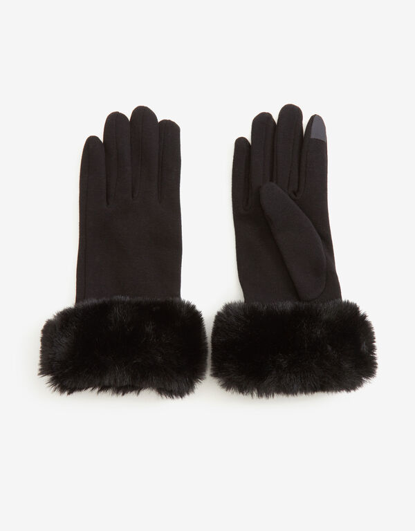 Faux Fur Trimmed Tech Gloves, Black image number 0