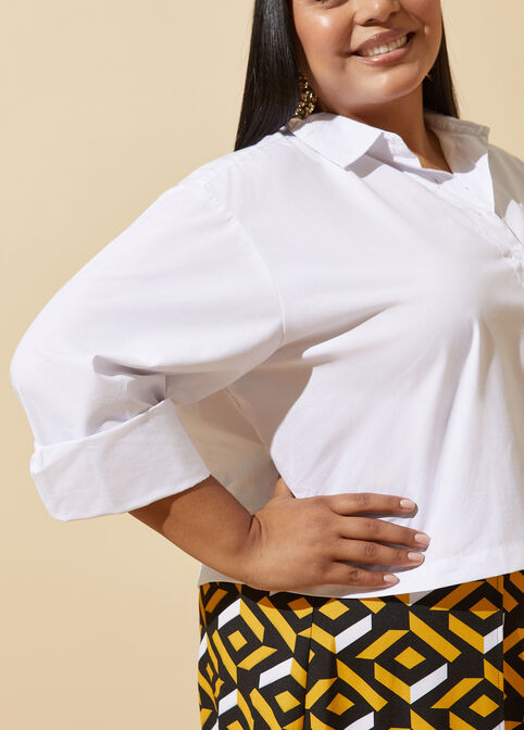 Cropped Cotton Blend Shirt, White image number 3