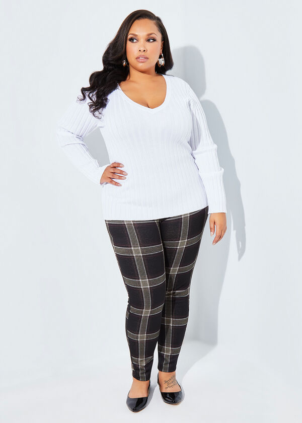 High Rise Plaid Knitted Leggings, Black image number 2